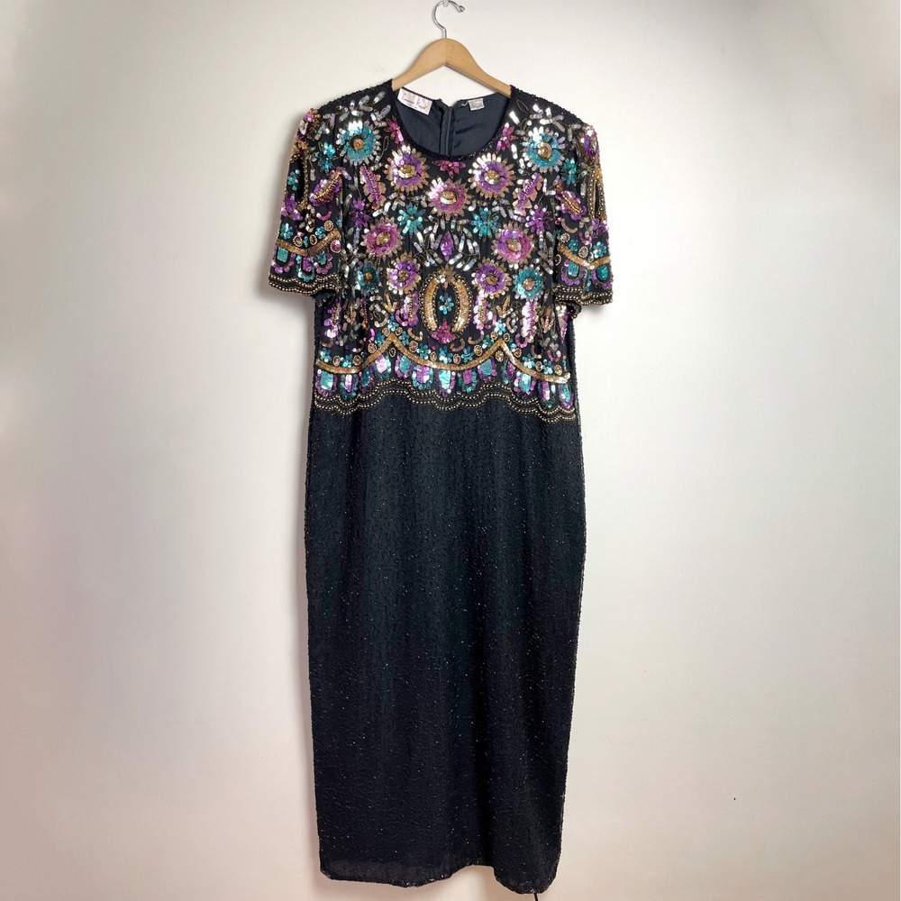 Laurence Kazar Silk Beaded Sequin Maxi Dress Black Floral 1X Vintage Glam Gown
